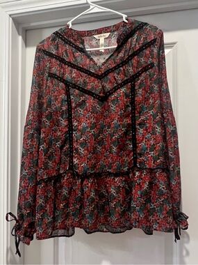 Matilda Jane Women’s Floral Sheer V-Neck Blouse with Lace Trim - Red Multi